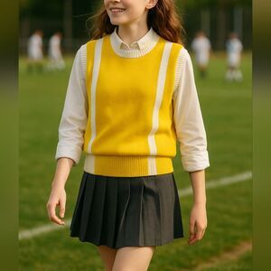 Vtg Dehen Varsity Sweater Vest Yellow White Romanticized Sports Stripe Made USA